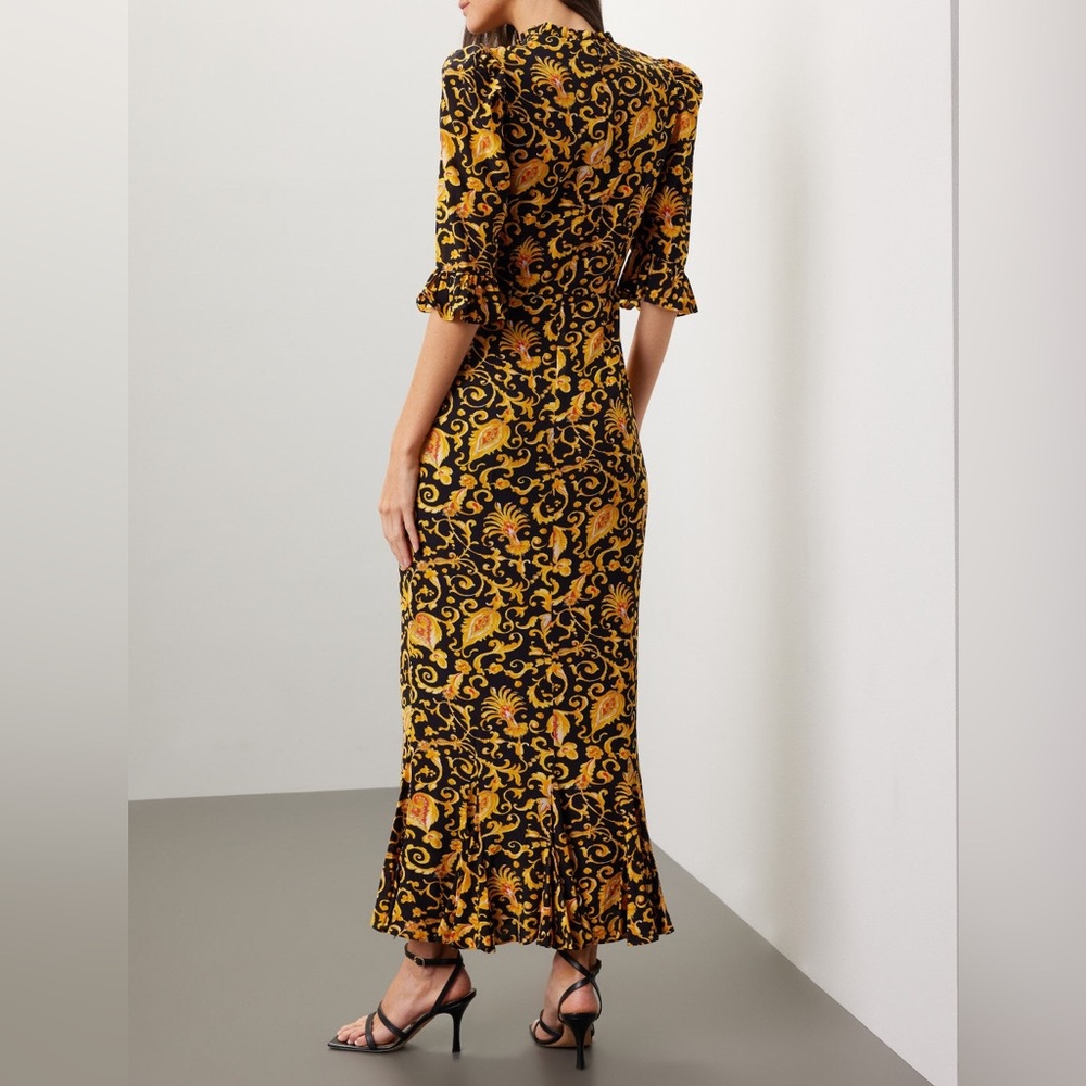 RHODE Felix Dress Black Yellow Gold Patterned Flare Midi - Picture 5 of 14